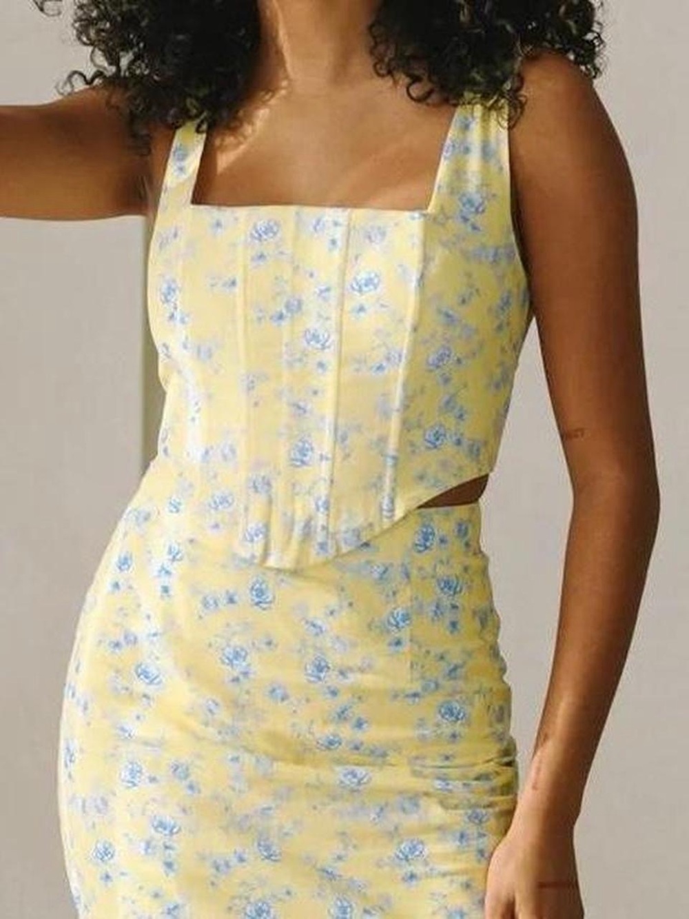 NWT Yllw Yellow The Label Andie Linen Floral Corset Tank Top in Yellow/Blue - S - Picture 4 of 6